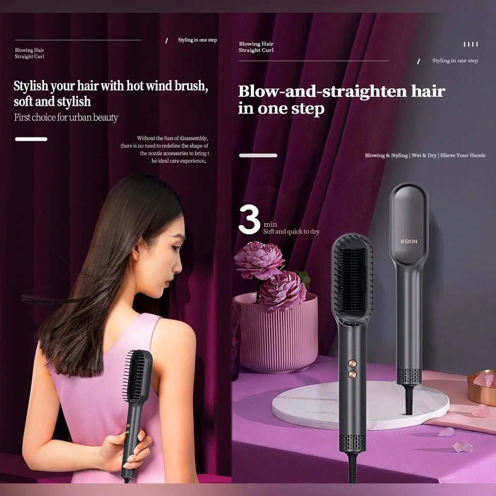 Hair Straightener Brush - Ring Hair Straightener Comb & Hair Dryer 2 in 1